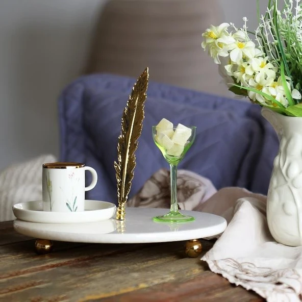 Akayev Mermer Beyaz 28 Cm Altın Boncuk Ayaklı Uzun Tüy Sunum Tabağı - Resim 4