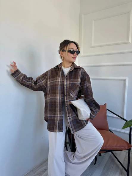 Kadın Oduncu Gömlek Mavi-Kahvrengi - Resim 2