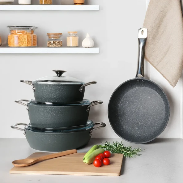 GÜRAL PORSELEN Antoryum Pro 7 Parça ThermoGuard Granit Tencere Takımı Gri ürün görseli 1