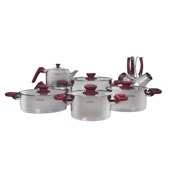 GÜRAL PORSELEN 16 Parça Çelik Tencere Takımı - Kırmızı - Resim 2