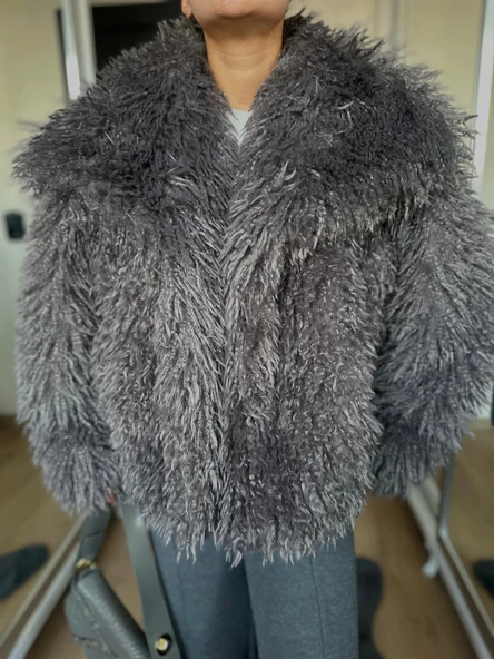 Kadın Kürk Mont Antrasit - Resim 3