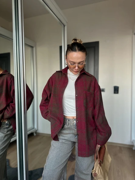 Kadın Oduncu Gömlek Bordo-Kahverengi - Resim 2