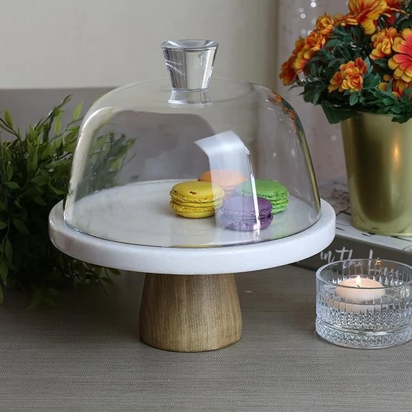 Akayev Mermer 25 Cm Ahşap Konik Ayaklı Kalın Beyaz Cam Fanus ürün görseli