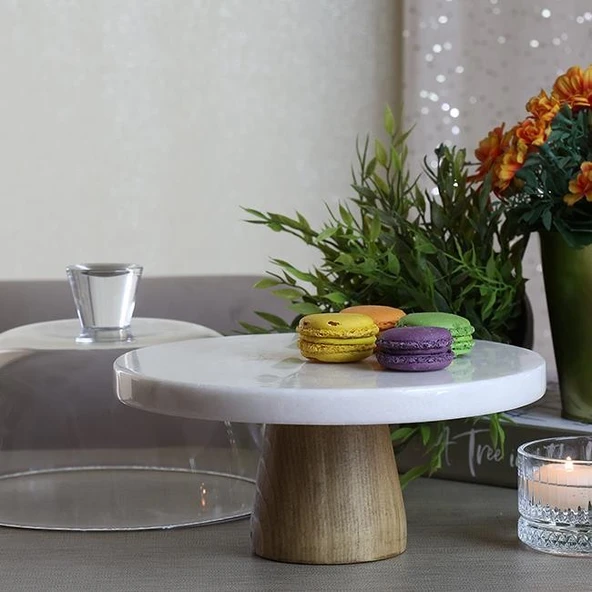 Akayev Mermer 25 Cm Ahşap Konik Ayaklı Kalın Beyaz Cam Fanus - Resim 2