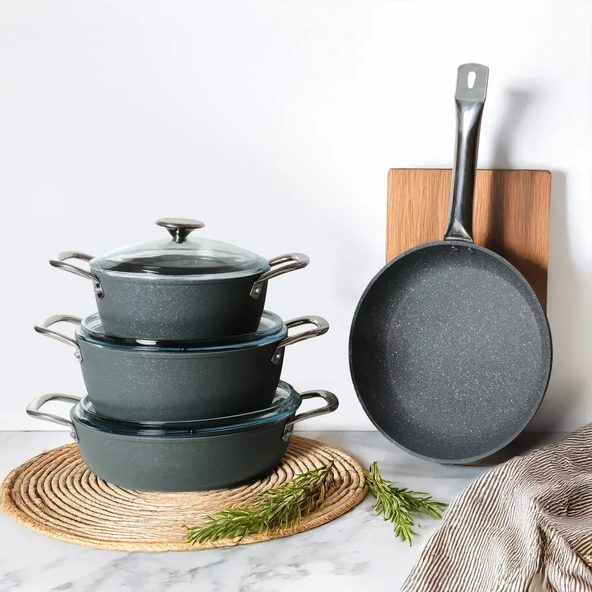 GÜRAL PORSELEN Antoryum Pro 7 Parça ThermoGuard Granit Tencere Takımı Gri - Resim 3