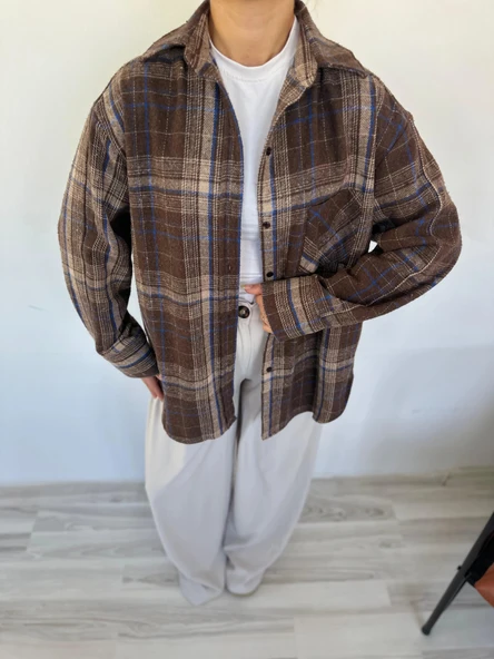 Kadın Oduncu Gömlek Mavi-Kahvrengi - Resim 3