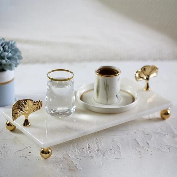 Akayev Mermer Beyaz 30x15 Cm Altın Ayak Ginkgo Sunum Tabağı - Resim 2