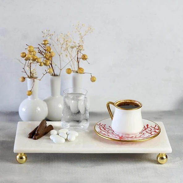 Akayev Mermer Beyaz 30x15 Cm Altın Boncuk Ayaklı Sunum Tabağı - Resim 3