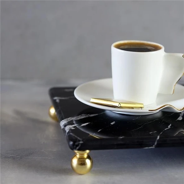 Akayev Mermer Siyah 30x20 cm Altın Boncuk Ayaklı Sunum Tabağı - Resim 2