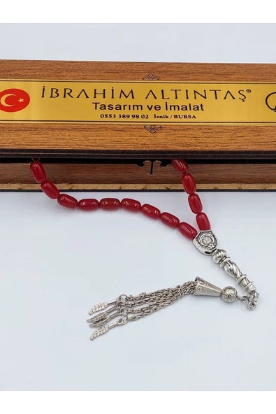 KIRMIZI BİLEK BOY ALPAKA PÜSKÜLLÜ ATEŞ KEHRİBAR TESPİH (AHŞAP KUTULU) - Resim 5