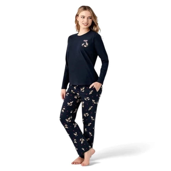 Arnetta %100 Pamuk Geyik Desen Bayan Pijama Takım - Resim 4