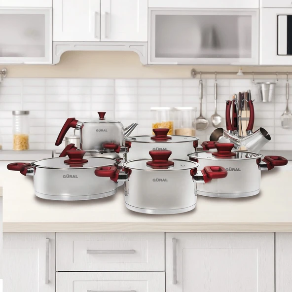 GÜRAL PORSELEN 16 Parça Çelik Tencere Takımı - Kırmızı ürün görseli 1