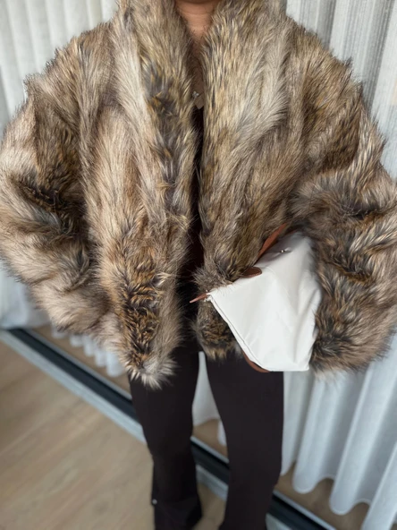 Kadın Kürk Mont Kahverengi - Resim 3