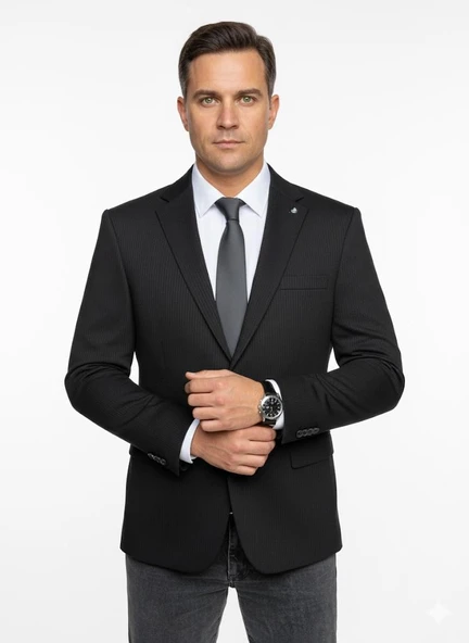 Erkek Bej Slim Fit Blazer Ceket – Çizgili Dokulu Kumaş – Çift Düğmeli - Resim 10