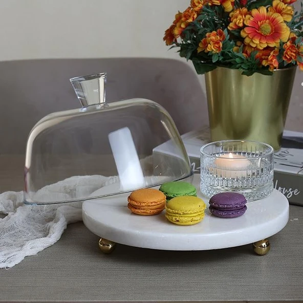 Akayev Mermer 25 Cm Altın Boncuk Ayaklı Beyaz Kalın Cam Fanus - Resim 3