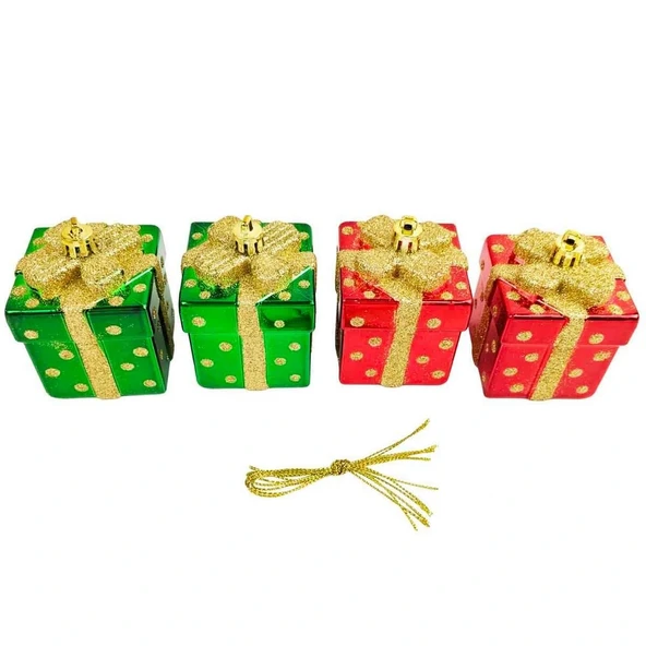 Yılbaşı Hediye Kutulu Kırmızı ve Yeşil Ağaç Süsü 4'lü ürün görseli