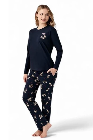 Arnetta %100 Pamuk Geyik Desen Bayan Pijama Takım - Resim 10