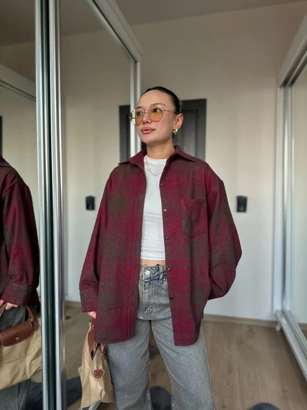 Kadın Oduncu Gömlek Bordo-Kahverengi - Resim 4