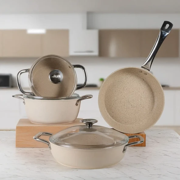 GÜRAL PORSELEN Antoryum Pro 7 Parça ThermoGuard Granit Tencere Takımı Bej - Resim 2