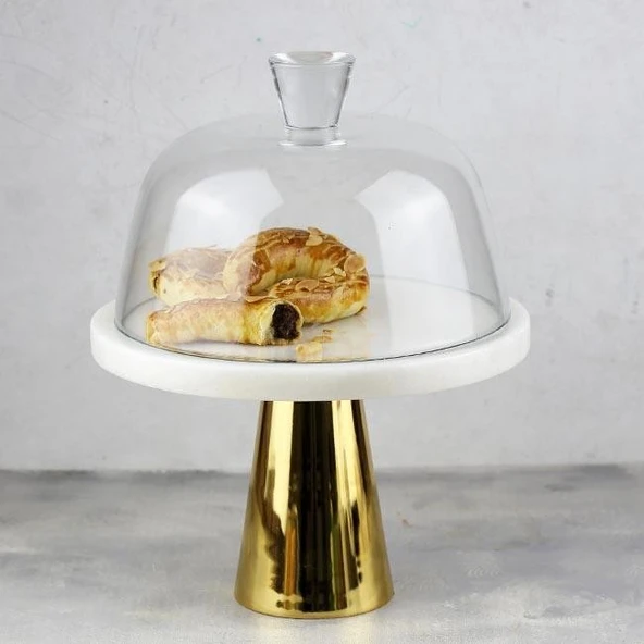 Akayev Mermer 25 Cm Altın Konik Ayak Beyaz Kalın Cam Fanus - Resim 2