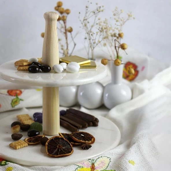 Akayev Mermer Ahşap Ayaklı İki Katlı Sunum Tabağı - Resim 3