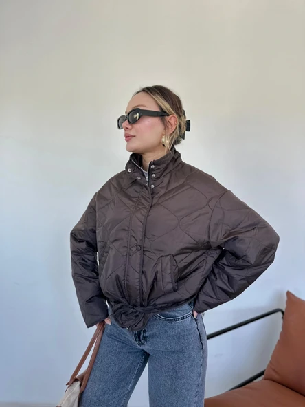 Kadın Kapitone Mont Kahverengi - Resim 2