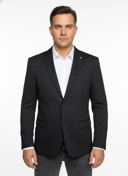 Erkek Bej Slim Fit Blazer Ceket – Çizgili Dokulu Kumaş – Çift Düğmeli - Resim 11