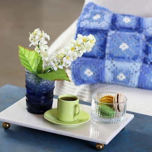 Akayev Mermer Beyaz 30x20 cm Boncuk Ayaklı Sunum Tabağı - Resim 4