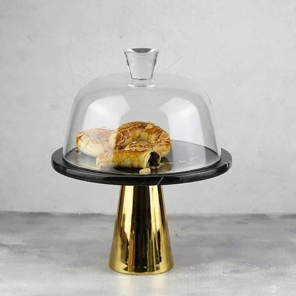 Akayev Mermer 25 Cm Altın Konik Ayak Siyah Cam Fanus - Resim 2