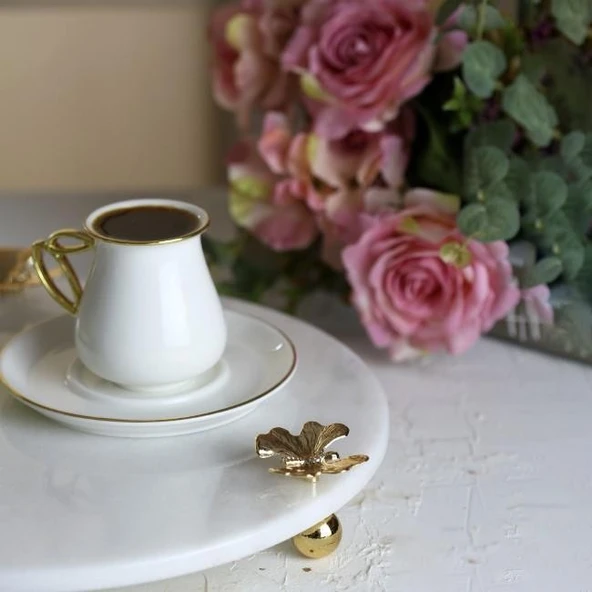 Akayev Mermer Beyaz 30 Cm Altın Ayak Kelebek Yuvarlak Sunum Tabağı - Resim 5