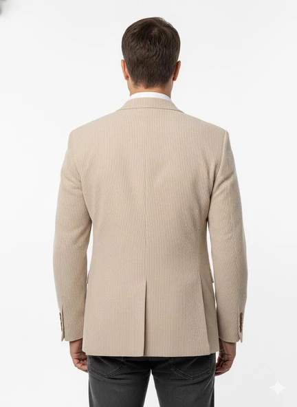 Erkek Bej Slim Fit Blazer Ceket – Çizgili Dokulu Kumaş – Çift Düğmeli - Resim 7