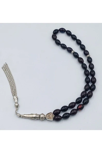 Mavi&siyah Alpaka Püsküllü Arpa Kesim Ateş Kehribar Tespih (AHŞAP KUTULU) - Resim 2