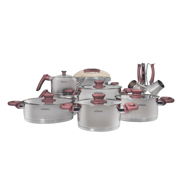 GÜRAL PORSELEN 18 Parça Çelik Tencere Takımı - Rose - Resim 2