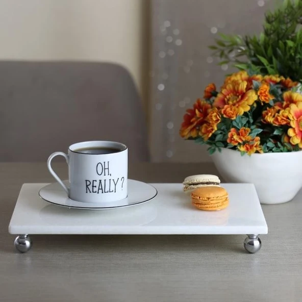 Akayev Mermer Beyaz 30x20 cm Gümüş Boncuk Ayaklı Sunum Tabağı ürün görseli