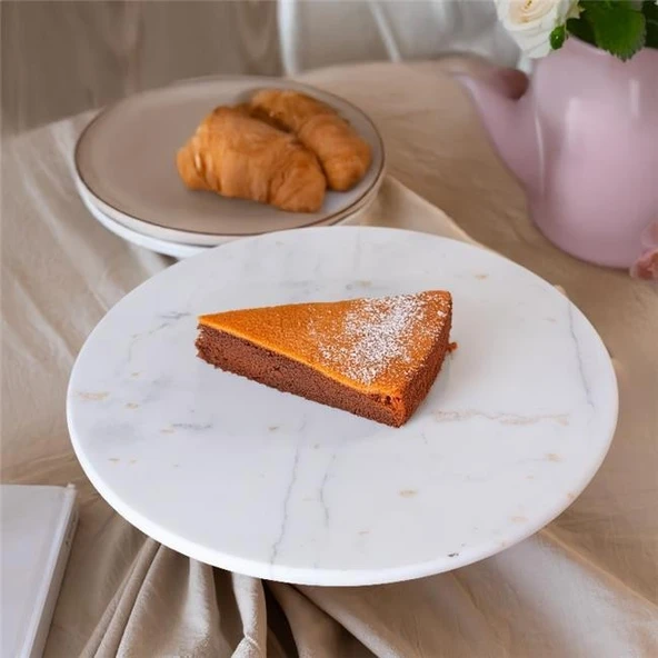 Akayev Mermer 28 Cm Ahşap Ayaklı Beyaz Yuvarlak Sunum Tabağı - Resim 2