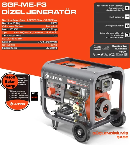 Lutian LT8GF-ME-F3 Dizel Jeneratör 10 kVA Monofaze Marşlı 12 HP - Resim 2