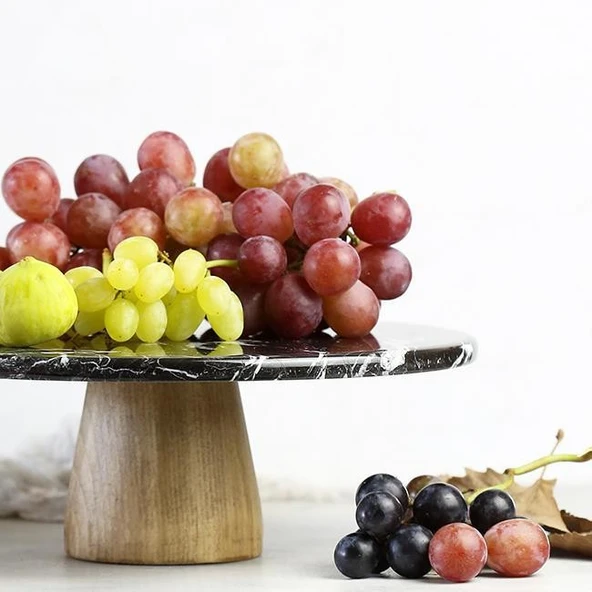 Akayev Mermer 28 Cm Ahşap Konik Ayaklı Siyah Yuvarlak Sunum Tabağı - Resim 4