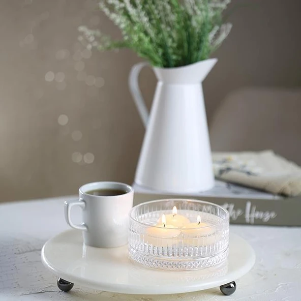 Akayev Mermer 28 Cm Füme Boncuk Ayaklı Beyaz Yuvarlak Sunumluk - Resim 4