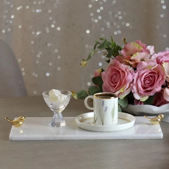 Akayev Mermer Beyaz 30x15 Cm Altın Kuş Sunum Tabağı - Resim 5