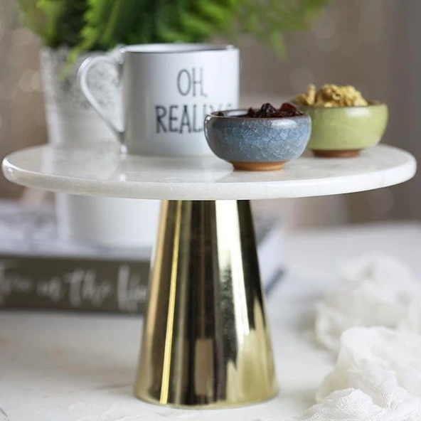 Akayev Mermer 25 Cm Altın Konik Ayak Beyaz Sunumluk - Resim 3