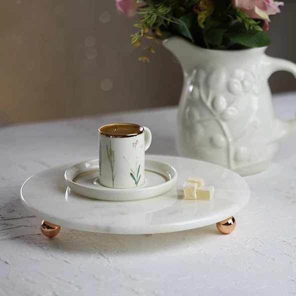 Akayev Mermer 25 Cm Rose Gold Boncuk Ayaklı Beyaz Yuvarlak Sunumluk - Resim 3