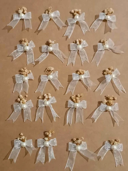 Pratikbox Mini Fiyonk /Tül 1cm'lik / Hediyelik / Süsleme / Beyaz Renk/Yarım incili,Cipso çiçeği / 35 Adet - Resim 5