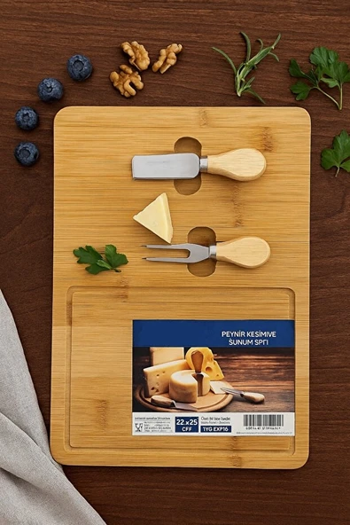 Peynir Kesme Sunum Tahtası Seti  2 Bıçaklı Bambu Kesme Panosu   Bambu Servis Tahtası - Resim 4