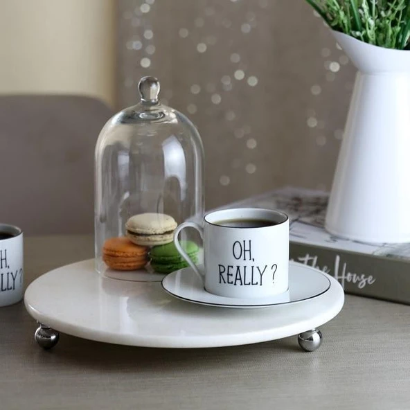 Akayev Mermer Beyaz 28 Cm Gümüş Boncuk Ayak Yuvarlak Sunumluk - Resim 4