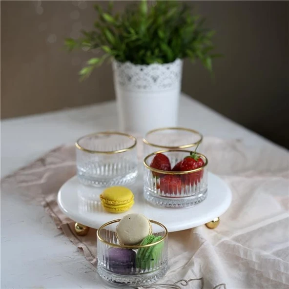 Akayev Mermer Beyaz 25 Cm Boncuk Ayak Gold Elysia 4'lü Reçellik İkramlık - Resim 3