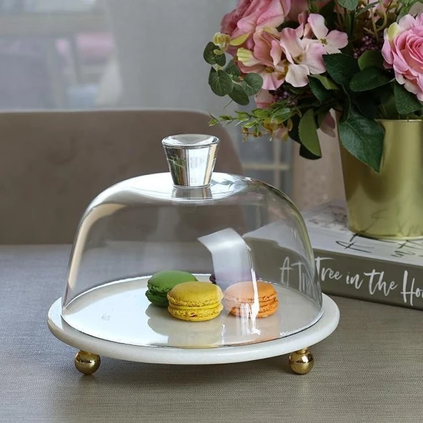 Akayev Mermer 25 Cm Altın Boncuk Ayaklı Beyaz Cam Fanus ürün görseli