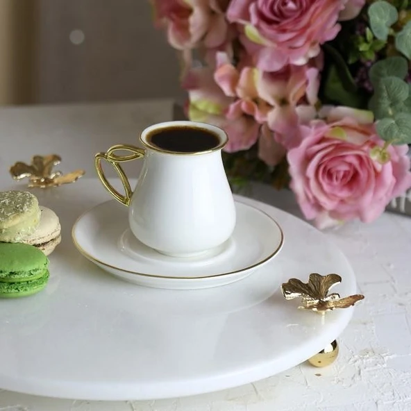 Akayev Mermer Beyaz 30 Cm Altın Ayak Kelebek Yuvarlak Sunum Tabağı - Resim 4