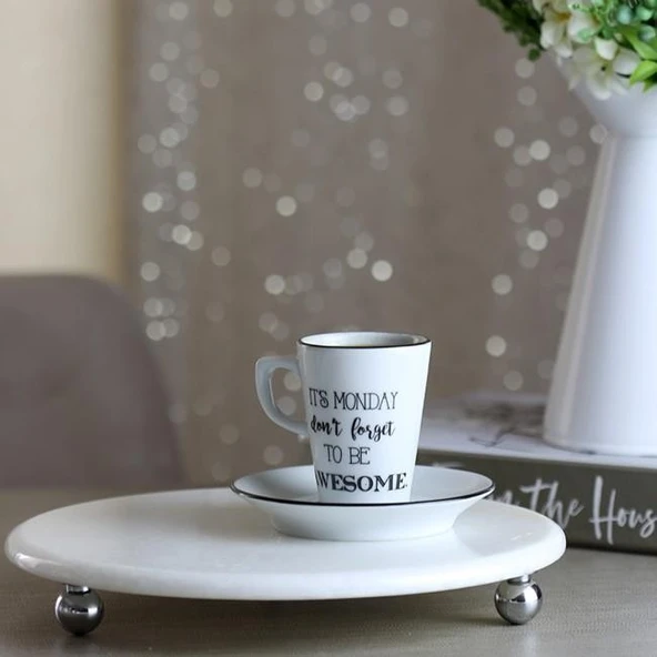 Akayev Mermer Beyaz 25 Cm Gümüş Boncuk Ayak Yuvarlak Sunumluk - Resim 2