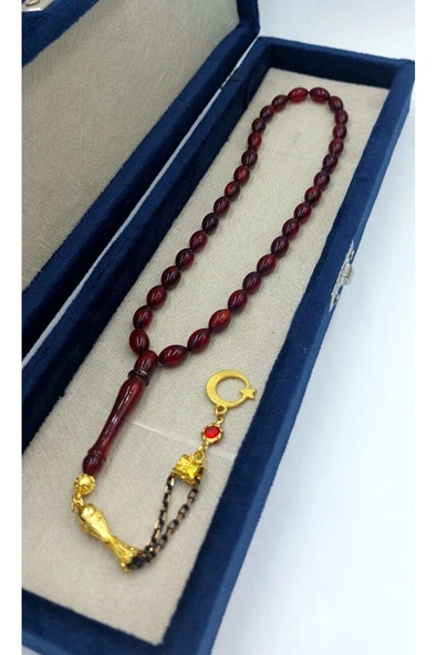 Kırmızı Siyah Arpa Kesim Alpaka Püskül Kehribar Tespih (AHŞAP KUTULU) - Resim 2