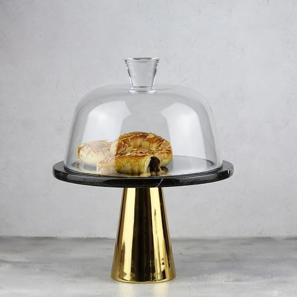 Akayev Mermer 25 Cm Altın Konik Ayak Siyah Cam Fanus ürün görseli